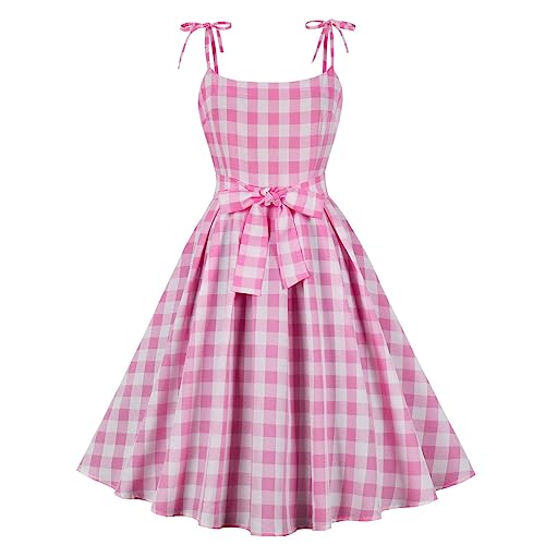Women Vintage 1950s Retro Dress Spaghetti Strap Pink Gingham Swing Cocktail Party Dress Rockabilly A-line Midi Dress Pink & Bow Small