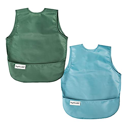 Tiny Twinkle Mess-Proof Apron Toddler Bibs w/Tug-Proof Closure, Baby Food Bibs, 2 Pack (Slate Olive, Small 6-24 Months)