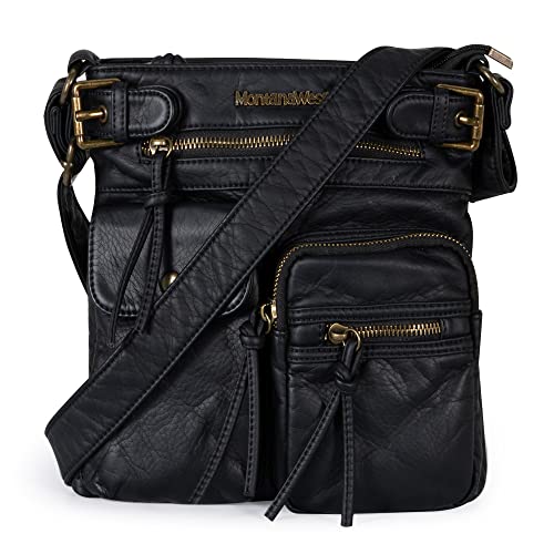 Montana West Crossbody Bag for Women Soft Leather Multi Pocket Shoulder Bags Vintage Women's Purses and Handbags Black Gift MWC-046BK