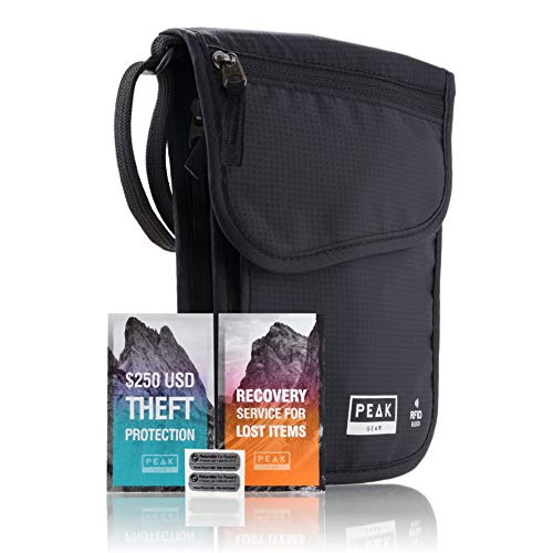 Peak Gear RFID Neck Wallet - The Original Travel Pouch with Adjustable Crossbody Strap + Theft Protection and Lost & Found Service | Black