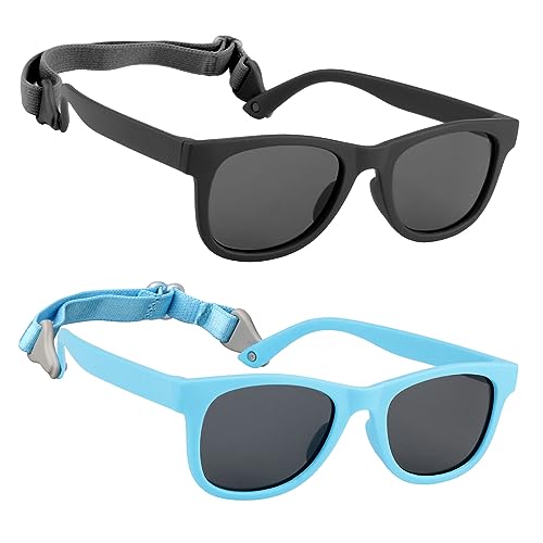 HXS 2-Pack Polarized Toddler Sunglasses with Strap for 2-4 Year Olds,Black & Sky Blue
