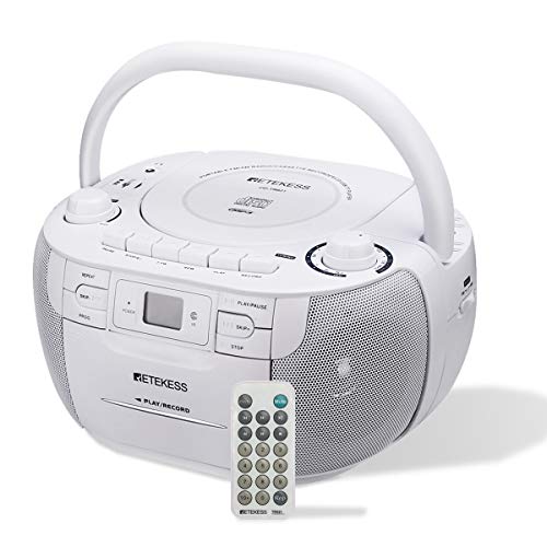 Retekess TR621 CD and Cassette Player Combo, Portable Boombox AM FM Radio, Tape Recording, Stereo Sound with Remote Control, USB, Micro SD, for Family(White)