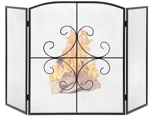 Gtongoko 3 Panel Fireplace Screen 48' W x 29' H Wrought Iron Decorative Fire Spark Guard Grate for Living Room Home Decor - Black