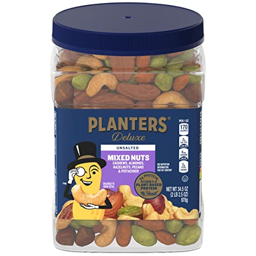 PLANTERS Unsalted Mixed Nuts, Cashews, Almonds, Hazelnuts, Pecans, Pistachios no Shell, Party Snacks, Plant-Based Protein, Quick Snack for Adults, After School Snack, Kosher, 2.16lb Container