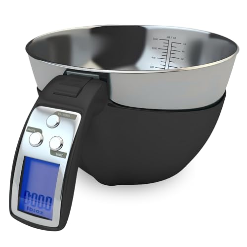 Fradel Digital Kitchen Food Scale with Bowl (Removable) and Measuring Cup - Stainless Steel, Backlight, 11lbs Capacity - Cooking, Baking, Gym, Diet - Precise Measuring (Black)