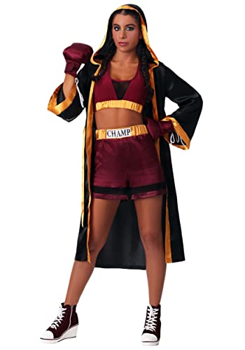 Fun Costumes Champion Boxer Outfit for Women, Red and Gold Two Piece Uniform with Black Fighters Robe Large