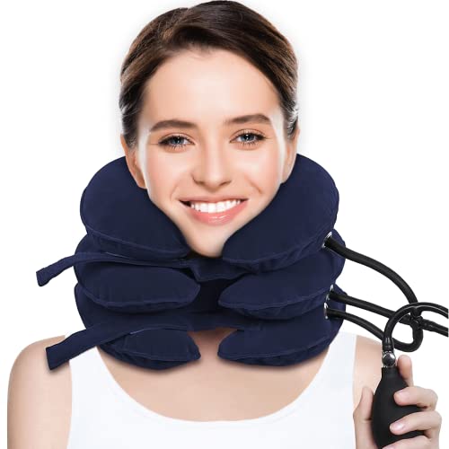 CRABCLAW Cervical Neck Traction Device for Neck Pain Relief, Adjustable Inflatable Neck Stretcher Neck Brace, Neck Traction Pillow for Use Neck Decompression and Neck Tension Relief (Blue)