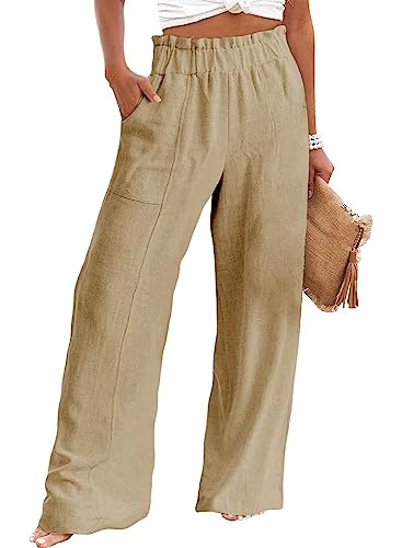 Acelitt Womens Casual Wide Leg Paper Bag Linen Pants Lightweight Elastic Loose Fall 2023 Palazzo Beach Pants Trousers Khaki Medium