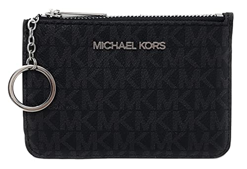 Michael Kors Jet Set Travel Small Top Zip Coin Pouch with ID Holder - PVC Coated Twill (Black with Silver Hardware)