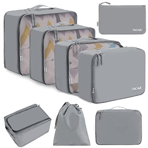 BAGAIL 8 Set Packing Cubes, Lightweight Travel Luggage Organizers with Shoe Bag, Toiletry Bag & Laundry Bag (Pewter Color)