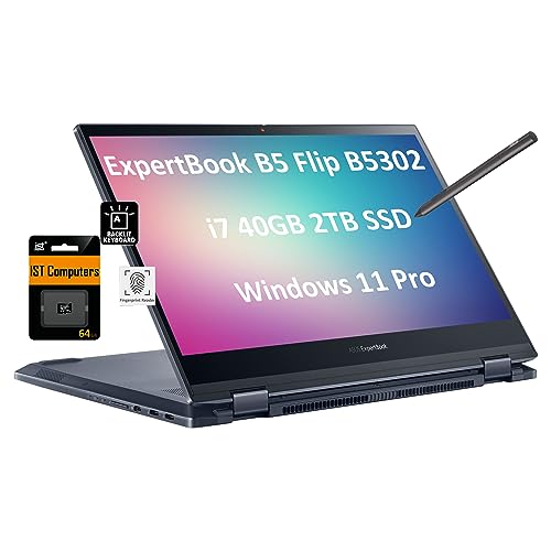 ASUS ExpertBook B5 Flip 2-in-1 Business Laptop (13.3' FHD OLED Touchscreen, Intel Core i7-1165G7, 40GB RAM, 2TB SSD, Active Pen), Backlit, FP, 14-Hr Long Battery Life, 3-Yr WRT, Win 11 Pro, Black