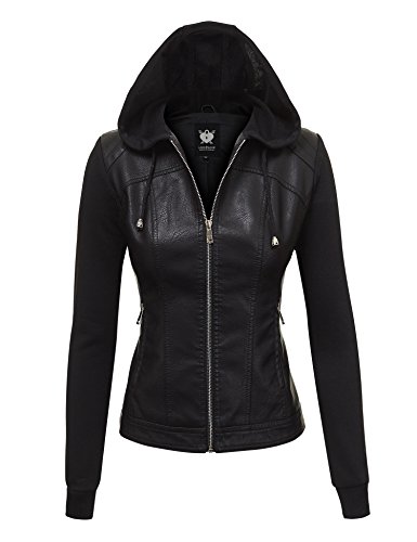 Lock and Love LL WJC1347 Womens Faux Leather Zip Up Moto Biker Jacket with Hoodie M BLACK_BLACK
