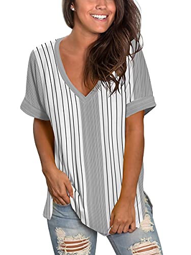 Plus Size Tops for Women Stripes Shirt Side Split Vneck Tshirts Short Sleeve Tee 2XL