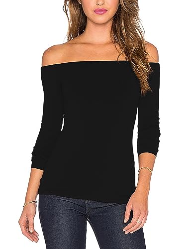 Women's Sexy Slim Fit Stretchy Off Shoulder Long Sleeve Blouse Tops Shirt Black XL