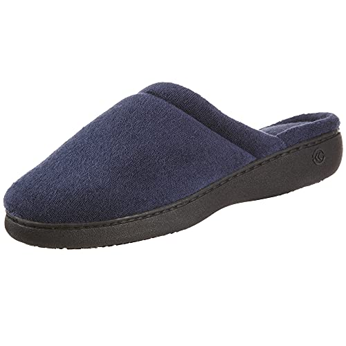 isotoner Women's Terry Slip On Clog Slipper with Memory Foam for Indoor/Outdoor Comfort, Navy Rounded, 9.5-10