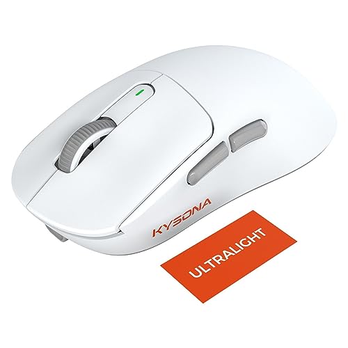 KYSONA Wireless Gaming Mouse Ultralight 55g, 3395 Lag-Free Sensor, 26K DPI, HUANO Switches, 80Hrs Long Battery Life, 6 Programmable Button for PC, 3 Modes (2.4G/Wired/BT), Win with M600, White