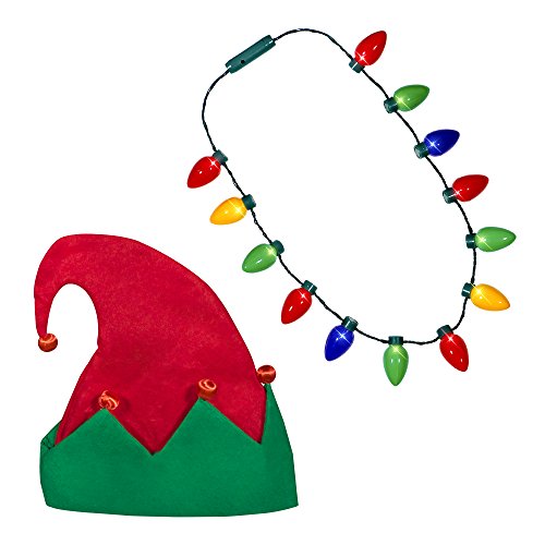 Windy City Novelties Ugly Sweater Christmas Party Kit - Holiday LED Elf Hat + LED Christmas Bulb Necklace Combo (LED Elf Hat + Necklace)