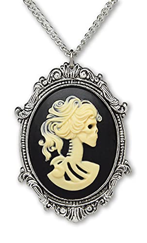 Real Metal Gothic Lolita Skull Cameo in Pewter Frame Pendant Necklace