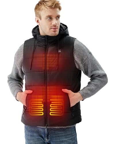 DEWBU Heated Vest with 12V Battery Pack, Multiple Power Supply Methods Lightweight Heated Clothes with Detachable Hood, Men's Black, XL
