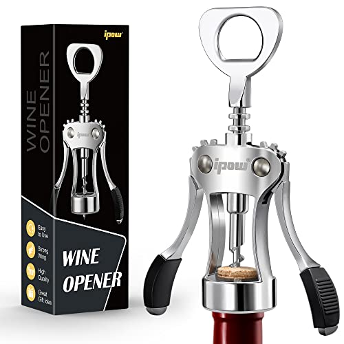 IPOW Wine Opener, Zinc Alloy Wine Bottle Opener, Wing Corkscrew Heavy Duty, Manual Multifunctional Cork Screw for Waiter, Silver