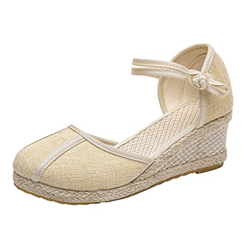 Shengsospp Summer Low Wedges Womens Comfortable Open Toe Sandal Open Toe Ankle Strap High Heel Wedges Dressy Summer with Arch Support 06-Beige, 8.5