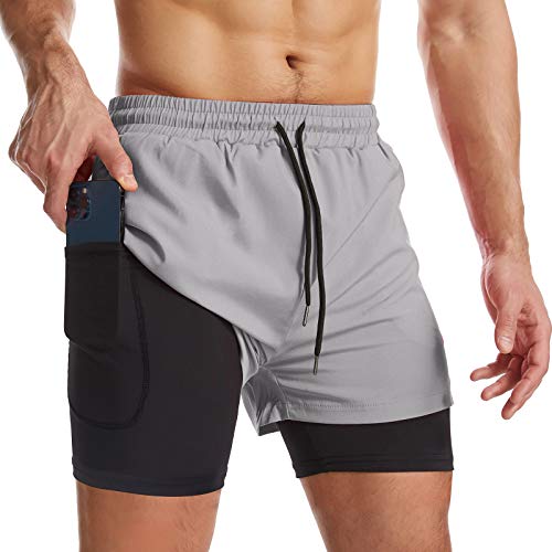 Surenow Mens 2 in 1 Running Shorts Quick Dry Athletic Shorts with Liner, Workout Shorts with Zip Pockets and Towel Loop Light Grey