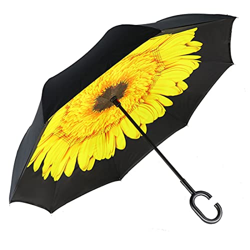 MRTLLOA 40/49/56 Inch Large Windproof Inverted Reverse Upside Down Umbrella, C-Shaped Handle, Double Layer, Stick Rain Umbrella for Men, Women and Kids (Sunflower, 49 Inch)