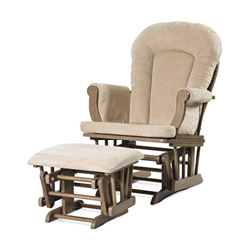 Child Craft Cozy Glider Rocker and Ottoman Set, Padded Cushion with Convenient Storage Pockets, Solid Wood Base & Frame (Dusty Heather with Beige Cushion)