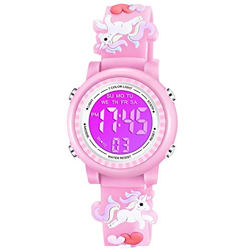 Venhoo Kids Watches for Girls Boys 3D Cartoon 30M Waterproof 7 Color LED Digital Child Wrist Watch Gifts for Girls Kid-Pink