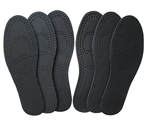 Bellcon Black Leather Insoles for Men Boots Insoles Nonslip Shoe Pads Thin Leather Shoe Liners Comfort Cushion Pads with Activated Carbon Insoles for Odor Eater (3 Pairs/Mens US 10-10.5)