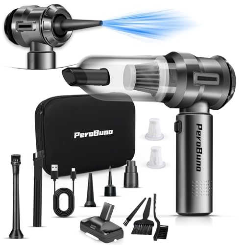 PeroBuno Car Vacuum Cleaner High Power- 18KPa Powerful- 35 Mins Runtime- 3 Gear- 2 in 1 Compressed Air Duster- Cordless Portable Mini Handheld Vacuum with Brushless Motor and Type C