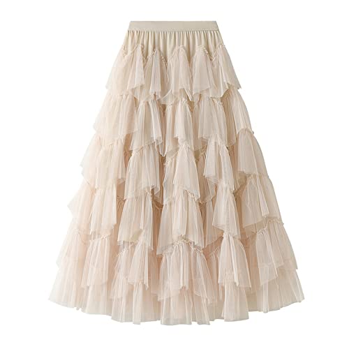 Dirholl Women's A-Line Fairy Elastic Waist Tulle Midi Skirt Tutu Apricot