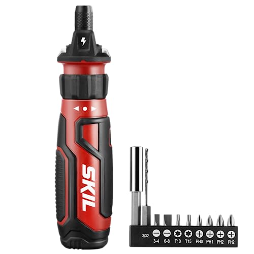 SKIL Rechargeable 4V Cordless Screwdriver with Circuit Sensor Technology, Includes 9pcs Bit, 1pc Bit Holder, USB Charging Cable - SD561201, Red