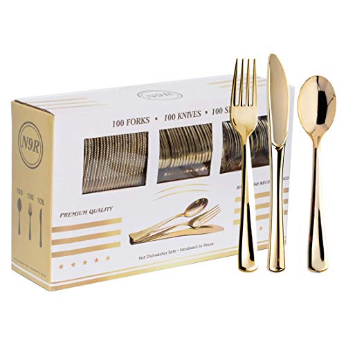 N9R 300PCS Gold Plastic Silverware - Gold Plastic Cutlery Set Disposable Flatware Dinnerware -100 Gold Forks, 100 Gold Spoons, 100 Gold Knives