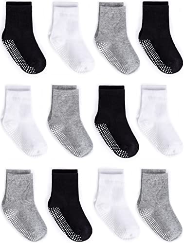 ZAPLES Baby Non Slip Grip Crew Socks with Anti Skid Soles for Infants Toddlers Kids Boys Girls, Assorted 12 Pack, 12-36 Months