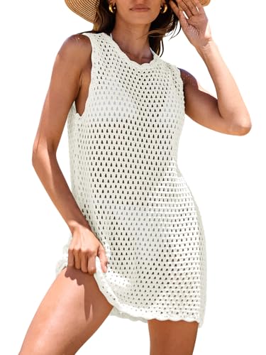 ANRABESS Womens Swimsuit Cover Up Sleeveless Knit 2024 Summer Outfits Swimwear Bathing Suit Coverup Crochet Beach Dress White Medium