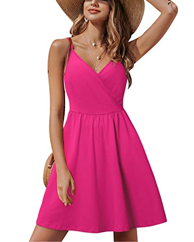 STYLEWORD Women's V Neck Spaghetti Strap Summer Casual Dress Teens Cute with Pocket Hot Pink(Rose-429,L)