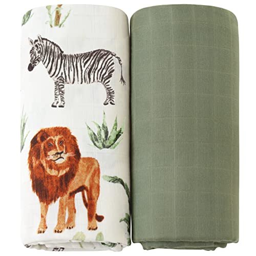 LifeTree Muslin Swaddle Blankets, Woodland Baby Swaddling Neutral Receiving Blanket for Boys & Girls, 70% Viscose from Bamboo and 30% Cotton, Large 47 x 47 inches Safari Jungle/Olive Green