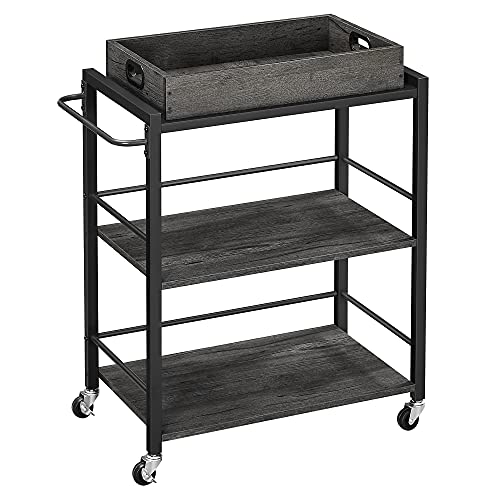 VASAGLE Industrial Bar Cart for The Home, Serving Cart with Wheels and Handle, 3-Tier Beverage Cart with Removable Tray and Storage Shelves for Living Room Kitchen, Charcoal Gray and Black ULRC072B04