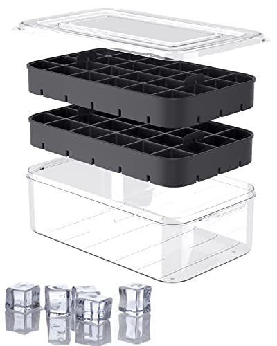 Ice Cube Tray with Lid and Bin, ROTTAY Ice Trays for Freezer, Easy-release 48 Small Nugget Silicone Ice maker with Ice Bucket, Ice Cube Storage Container Set for Chilled Drink and Smoothie, Black