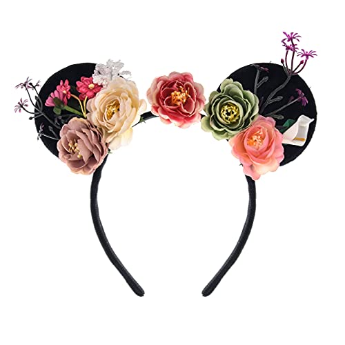 A Miaow Flower Headpiece Black Mouse Ears Headband MM Floral Hair Hoop Halloween Park Women Adults Costume Photo Shoot (Colourful Flowers)