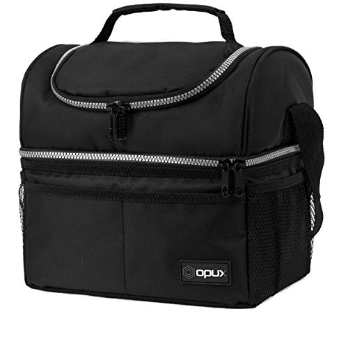 OPUX Lunch Box For Men Women, Insulated Large Lunch Bag Adult Work, Double Decker Lunchbox Meal Prep, Dual Compartment Leakproof Lunch Cooler, Soft Lunch Pail Tote Boys Girls Kids School, Black 16 Can