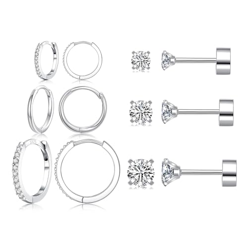 6 Pairs Sterling Silver Earrings Sets for Multiple Piercing Small Silver Huggie Hoop Earrings Flat Back Surgical Steel Tiny CZ Stud Earrings for Women Trendy Cartilage Hypoallergenic