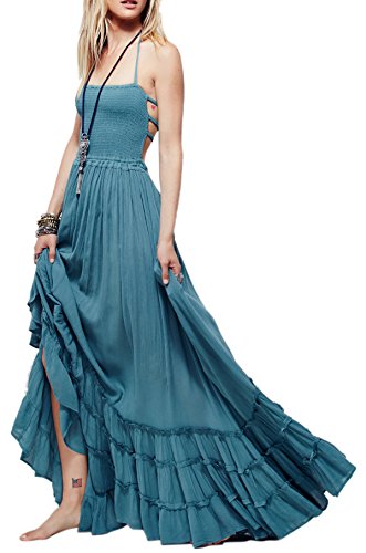 R.Vivimos Womens Summer Cotton Sexy Backless Long Dresses (X-Large, Blue)