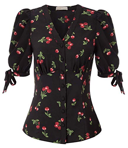Vintage Shirts for Women 1950s Black V Neck Elegant Blouse XL
