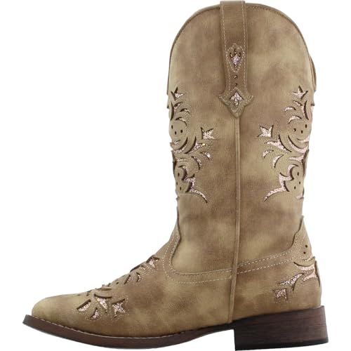 ROPER Womens Kennedy Glitter Tooled Inlay Square Toe Casual Boots Mid Calf Low Heel 1-2' - Beige - Size 7 B