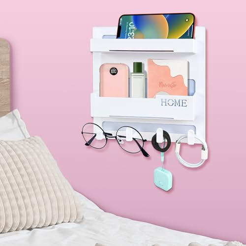 Floating Shelves for Bedside Shelf Accessories Organizer, Wall Mount Self Stick On, Cute Room Decor Aesthetic, Girls Room Decor, Cool Stuff for Bedroom Storage and Organization (4 Hooks)