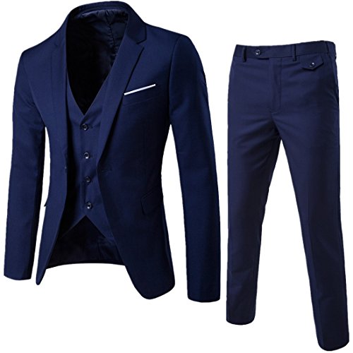WULFUL Men’s Suit Slim Fit One Button 3-Piece Suit Blazer Dress Business Wedding Party Jacket Vest & Pants Blue