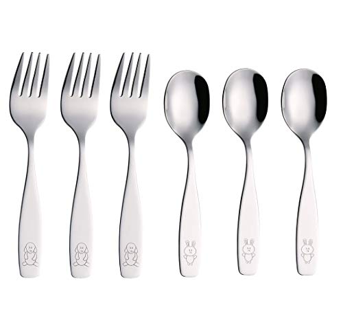 ANNOVA Kids Silverware 6 Pieces Children's Safe Flatware Set Stainless Steel - 3 x Forks, 3 x Children Dinner Spoons, Toddler Utensils, Metal Cutlery Set for LunchBox (Engraved Dog Bunny)