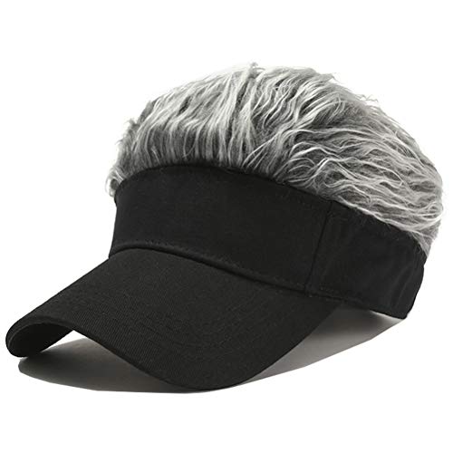 Novelty Hair Visor Sun Cap Wig Peaked Adjustable Baseball Hat with Spiked Hairs (Black Grey)